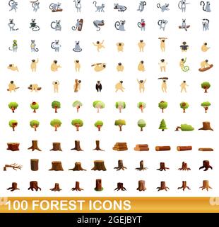 100 set di icone di foresta. Illustrazione cartoon di 100 icone di foresta vettore insieme isolato su sfondo bianco Illustrazione Vettoriale