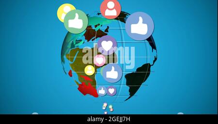 Spostare le icone dei social media con un globo 4k Foto Stock