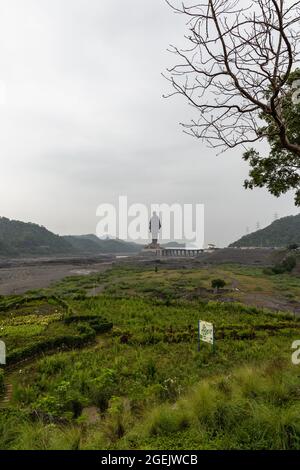 Statua dell'unità vista dalla Valle dei Fiori in una giornata nuvolosa nella valle di Narmada, colonia di Kevadiya, distretto di Narmada, Gujarat, India. Foto Stock