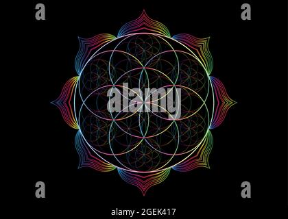 Seme Fiore della vita icona del loto, yantra mandala geometria sacra, spettro psichedelico simbolo di armonia ed equilibrio. Talismano mistica, linee colorate Illustrazione Vettoriale