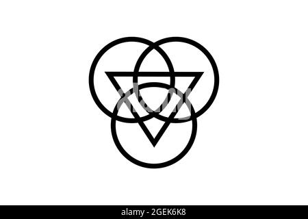 Triquetra con logo Triangle e cerchi sovrapposti, Tattoo Trinity Knot, simbolo celtico Pagan Triple Goddess. Wicca segno, libro di ombre, Vector Illustrazione Vettoriale