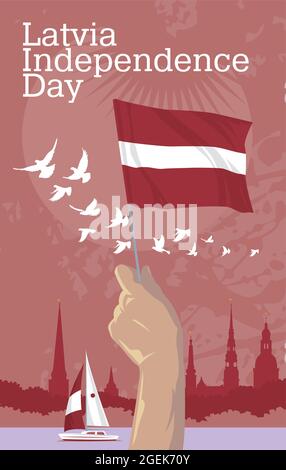 Mano tiene bandiera nazionale Lettonia sullo sfondo della città di riga. Illustrazione della silhouette vettoriale dello skyline. Buon giorno dell'Indipendenza Illustrazione Vettoriale