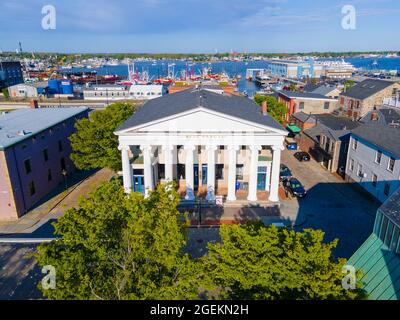 Vista aerea di J. J. J. Best Banc and Co. Edificio e porto nel New Bedford Whaling National Historical Park, Massachusetts ma, USA. Foto Stock