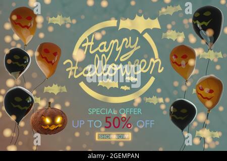 illustrazione 3d. Vendita di Halloween, fino al 50% di sconto, moderno banner sconto con zucca Jack, pipistrello e palloncini Foto Stock