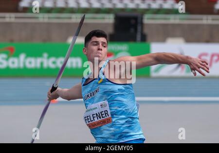 Nairobi, Kenya. 20 ago 2021. Artur Felfner dell'Ucraina compete durante la finale di lancio del javelin maschile ai Campionati mondiali di atletica U20 2021 a Nairobi, Kenya, 20 agosto 2021. Credit: Long Lei/Xinhua/Alamy Live News Foto Stock