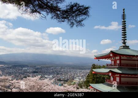 La pagoda di Chureito e la fioritura dei ciliegi in primo piano e il monte fuji come sfondo, destinazione di viaggio in giappone Foto Stock