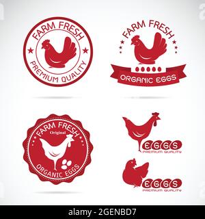 Set di etichette vettoriali per pollo e uova su sfondo bianco. Illustrazione vettoriale a livelli facilmente modificabile. Animale da fattoria. Illustrazione Vettoriale