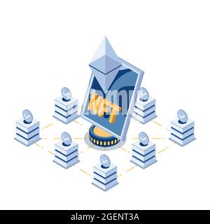 Flat 3d Isometric NFT non Fungial Tokens Art nel Centro della tecnologia BlockChain. NFT e Crypto Art. Illustrazione Vettoriale