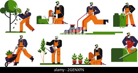 Giardinaggio uomo che taglia foglie di albero, cespugli ramoscelli Illustrazione Vettoriale