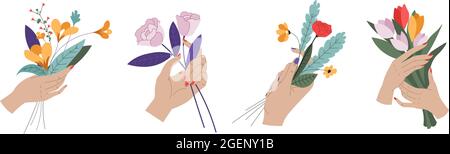 Le mani femminili che tengono i fiori ed i bouquets vettore Illustrazione Vettoriale