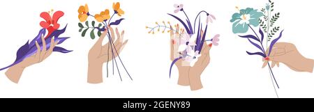 Mani femminili che tengono fiori e fogliame selvatico Illustrazione Vettoriale