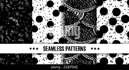 Set di samless ornate, noodle disegni astratti a mano. Illustrazione vettoriale. Trama dello schizzo a inchiostro, immagine del disegno a tratteggio ruvido Illustrazione Vettoriale