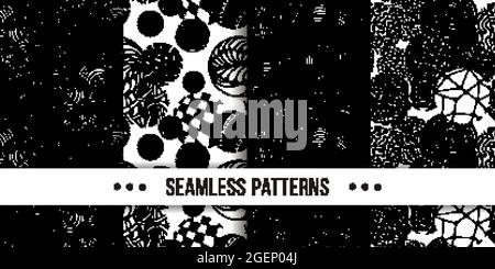 Set di samless ornate, noodle disegni astratti a mano. Illustrazione vettoriale. Trama dello schizzo a inchiostro, immagine del disegno a tratteggio ruvido Illustrazione Vettoriale