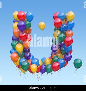 Lettera U dai palloncini nel cielo. Lettera di testo per le festività, il compleanno, la celebrazione. illustrazione 3d Foto Stock