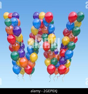 Lettera W dai palloncini nel cielo. Lettera di testo per le festività, il compleanno, la celebrazione. illustrazione 3d Foto Stock