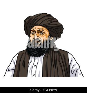 Abdul Ghani Baradar, il leader del disegno di caricatura di Cartoon del vettore Taliban. Kabul, Afghanistan, 21 agosto 2021 Illustrazione Vettoriale