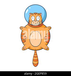 Cat Astronautic Illustrazione Cartoon Style. Sketch animale cosmico disegnato a mano per logo, tee grafiche per bambini, stampe, adesivi, poster e arredamento vivaio Illustrazione Vettoriale