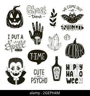 Stampa in bianco e nero con elementi di Halloween. Elementi decorativi e tipografia di tipo spooky. Illustrazioni vettoriali disegnate a mano e scritte. Illustrazione Vettoriale