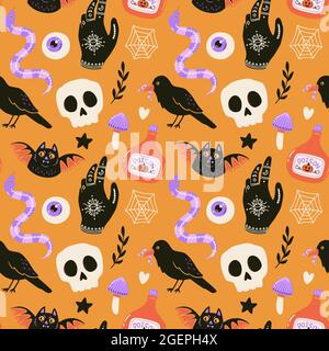 Halloween modello senza cuciture con cranio cartoon, corvo, serpente e pipistrello. Carina illustrazione vettoriale spettrale. Trick o trattare sfondo vacanza. Illustrazione Vettoriale