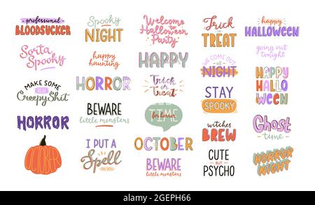 Collezione di simpatici adesivi tipografici di Halloween. Frasi di vacanza a mano catchy disegnate. Citazioni e detti di Halloween di spooky. Illustrazione vettoriale. Illustrazione Vettoriale