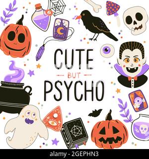 Cute Halloween stampa con elementi cartoni animati e scritte. Illustrazione disegnata a mano per le decorazioni del partito, disegno del manifesto. Simboli esoterici vettoriali. Illustrazione Vettoriale