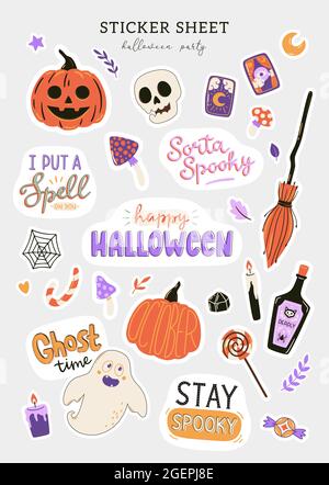 Collezione di simpatici personaggi e simboli di Halloween. Elementi disegnati a mano per decorazioni natalizie. Set adesivi Halloween. Illustrazione vettoriale. Illustrazione Vettoriale
