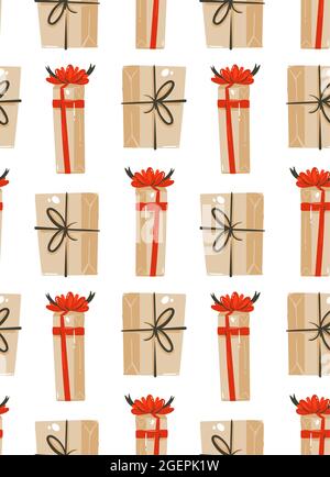 Disegno a mano vettore astratto divertimento Merry Natale tempo cartoon illustrazioni senza soluzione di pattern con cute retro vintage regali di Natale isolato su bianco Illustrazione Vettoriale