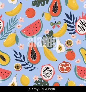 Motivo tropicale senza giunture con frutta esotica, rami di palme e fiori. Bellissimo sfondo estivo. Illustrazione vettoriale disegnata a mano. Illustrazione Vettoriale