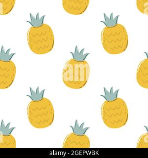 Motivo tropicale senza giunture con ananas su sfondo bianco. Illustrazione vettoriale disegnata a mano. Estate texture senza fine per avvolgere, tessuto design. Illustrazione Vettoriale