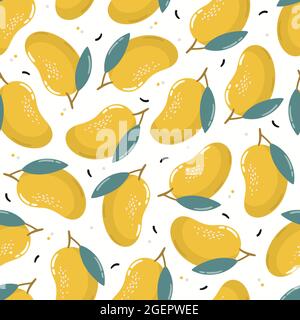 Motivo tropicale senza giunture con mango su sfondo bianco. Illustrazione vettoriale disegnata a mano. Estate texture senza fine per il design di tessuti, tessuti e tessuti. Illustrazione Vettoriale