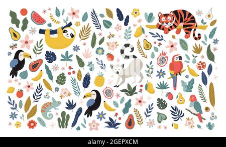 Collezione di vettori tropicali con animali esotici, fiori, piante e frutti. Elementi estivi alla moda. Carino illustrazione disegnata a mano. Illustrazione Vettoriale