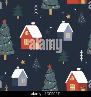 Natale senza cuciture modello con albero di natale e case su sfondo blu scuro. Illustrazione vettoriale disegnata a mano. Vacanza senza fine texture. Illustrazione Vettoriale
