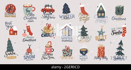 Collezione di belle stampe di Natale e felice anno nuovo. Elementi decorativi per le feste. Simboli e scritte delle vacanze disegnate a mano. Illustrazione vettoriale. Illustrazione Vettoriale