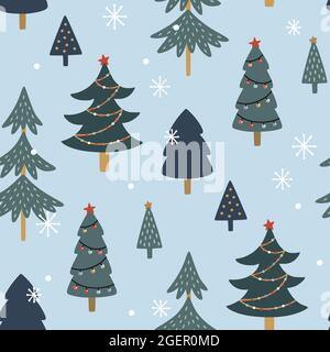 Modello senza giunture con alberi di foresta d'inverno, alberi di natale e fiocchi di neve. Carino sfondo festivo. Illustrazione vettoriale disegnata a mano. Illustrazione Vettoriale