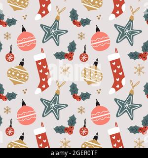 Modello senza cuciture natalizio con decorazioni natalizie, calze e agrifoglio. Carino sfondo festivo. Illustrazione vettoriale disegnata a mano. Illustrazione Vettoriale