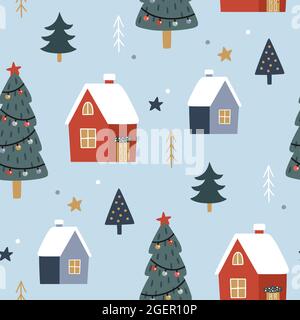 Natale senza cuciture modello con albero di natale e case. Carino sfondo festivo. Illustrazione vettoriale disegnata a mano. Vacanza senza fine texture. Illustrazione Vettoriale