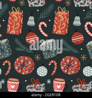 Natale senza cuciture con rami di abete, bevande calde, baubles e regali. Carino sfondo festivo. Illustrazione vettoriale disegnata a mano. Illustrazione Vettoriale