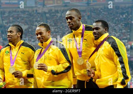 La Giamaica vince l'oro nella finale maschile di 4 x 100m nell'ultima notte di atletica allo Stadio Olimpico di Londra, il 11 agosto 2012 Foto Stock