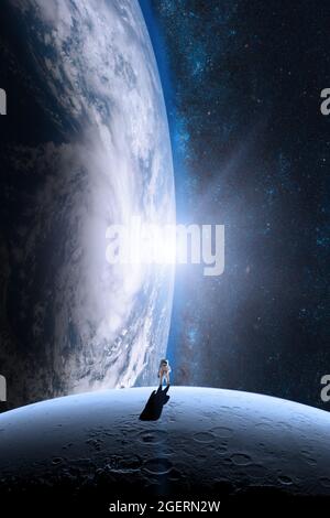 L'astronauta cammina sulla luna. Elementi di questa immagine forniti dalla NASA. Foto Stock