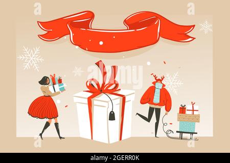 Vettore disegnato a mano astratto divertimento Merry Natale cartoon illustrazione biglietto di auguri con felice xmas mercato persone e nastro rosso con spazio copia Illustrazione Vettoriale