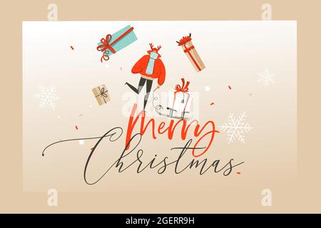 Vettore disegnato a mano astratto divertimento Merry Natale cartoon illustrazioni cartoncino di auguri, landing page e sfondo con scatole regalo e vacanze Illustrazione Vettoriale