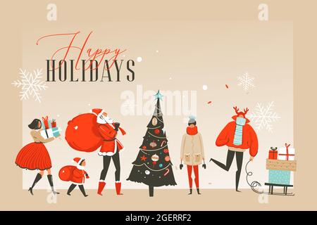 Vettore disegnato a mano astratto divertimento Merry Natale tempo cartoon illustrazioni biglietto d'auguri o pagina di atterraggio con felice xmas mercato persone e spazio copia Illustrazione Vettoriale