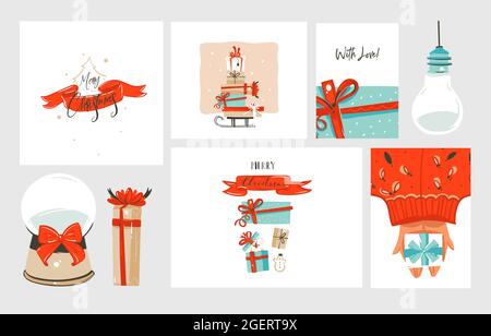 Vettore disegnato a mano astratto divertimento Merry Natale tempo cartoon illustrazioni biglietti d'auguri e sfondi grande collezione set con scatole regalo, persone e. Illustrazione Vettoriale