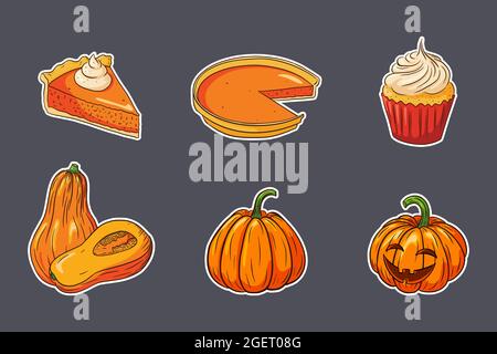 Kit adesivi per il cibo del ringraziamento. Zucche fresche mature, torte di zucca e cupcake. Raccolta di piatti di zucca per le feste autunnali per adesivi, stampe, inviti, menu e biglietti d'auguri decorazione. Vettore Premium Illustrazione Vettoriale