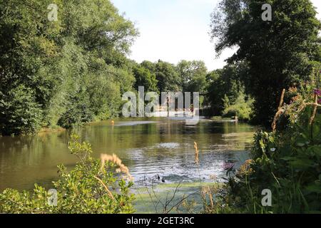 Vista di Teston Lock e il fiume Medway da percorso vicino a Teston, Maidstone, Kent, Inghilterra, Regno Unito Foto Stock