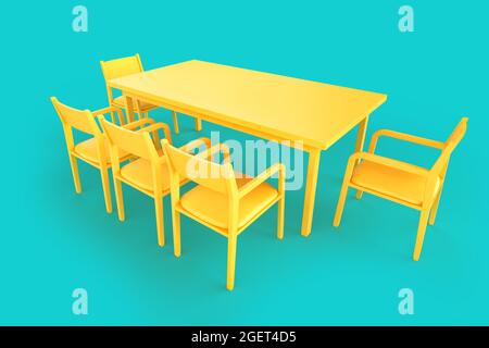 Tavolo da pranzo minimalista con set di sedie. Rendering 3D Foto Stock