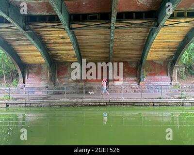 Donna cammina il suo cane sotto uno dei ponti lungo il corso d'acqua in Prospect Park, Brooklyn, New York. Foto Stock