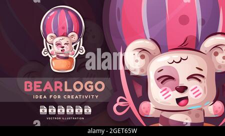 Personaggio cartoon orso animale felice - adesivo carino. Illustrazione Vettoriale