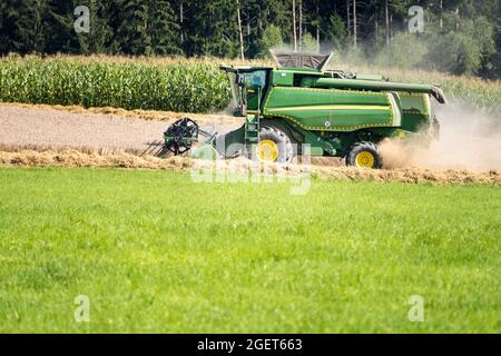 la mietitrebbia sul campo consente la mietitura della granella. A metà estate durante la raccolta del grano è molto polveroso. Agricoltori in Baviera, Germania Foto Stock