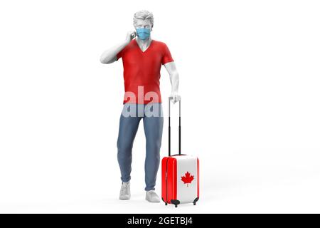 Uomo che indossa maschera viso tira una valigia testurizzata con bandiera del Canada. Illustrazione 3D Foto Stock